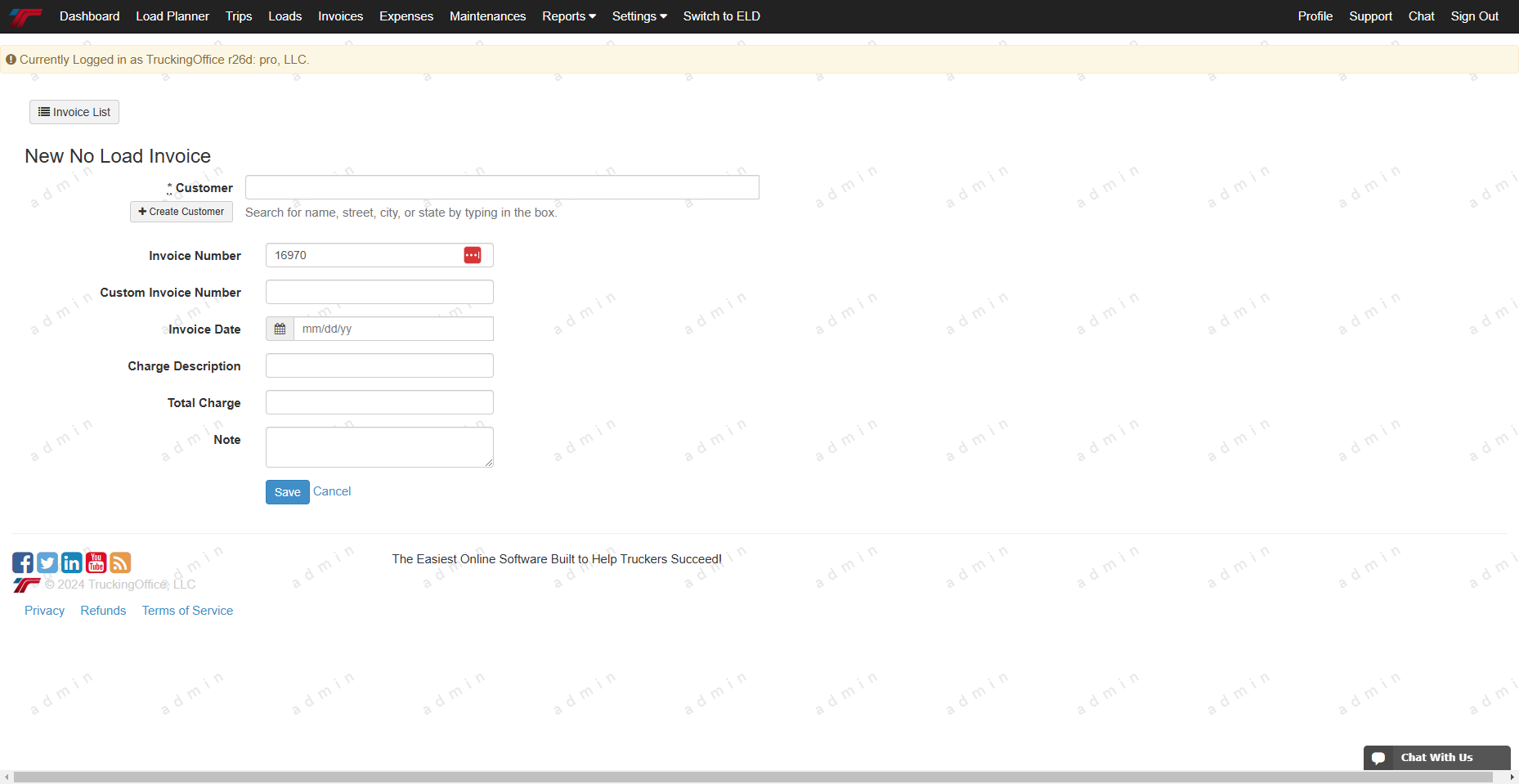Tms new pro feature no load invoice truckingoffice support